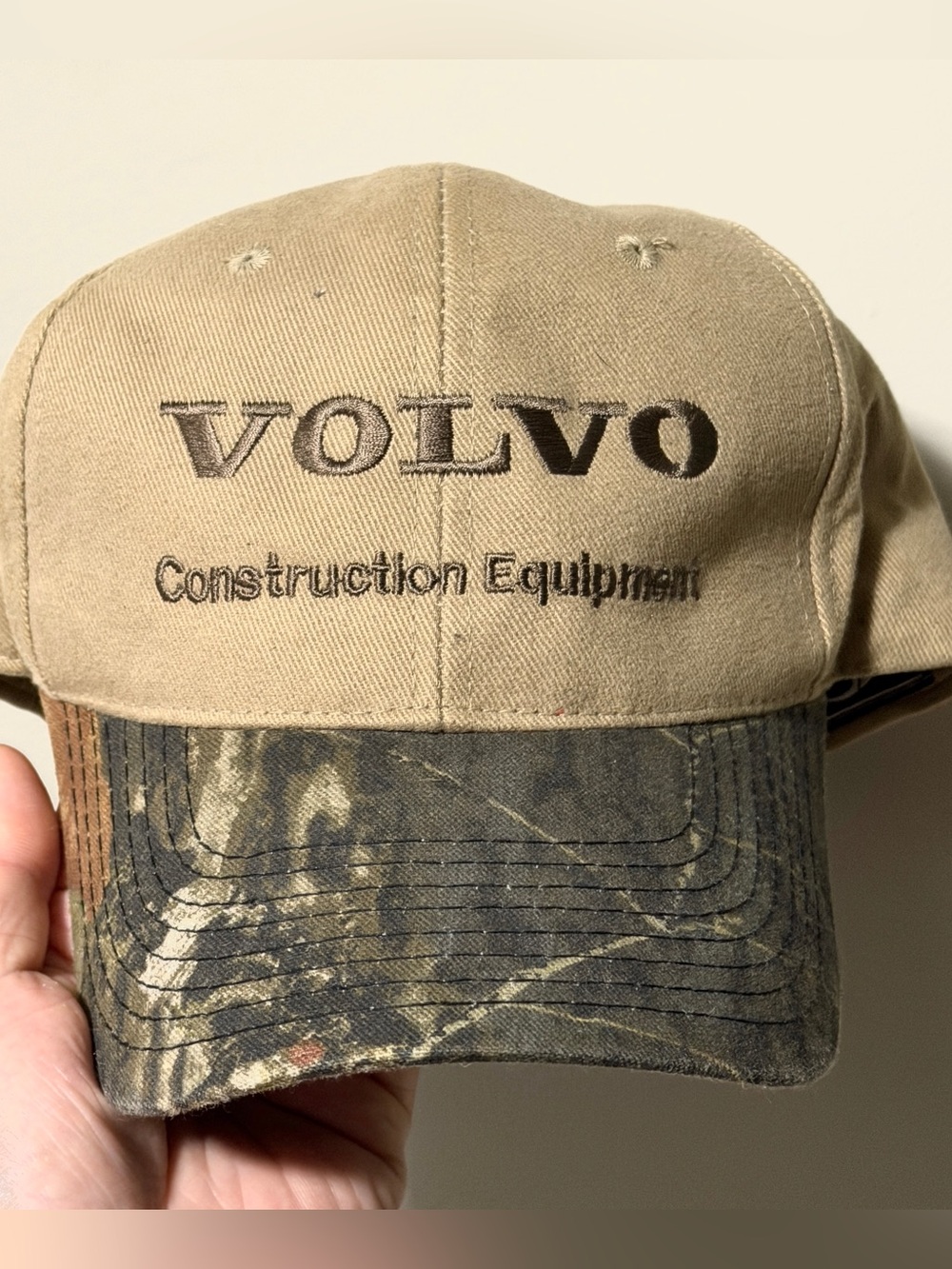 Volvo Construction Equipment tan and camo hat vintage